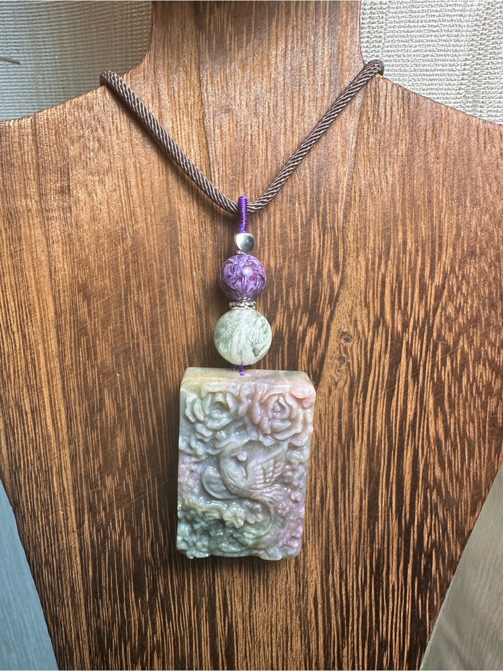 Ocean Jasper Phoenix Pendant Necklace with Feather Fluorite on Brown Rope - Picture 3 of 15